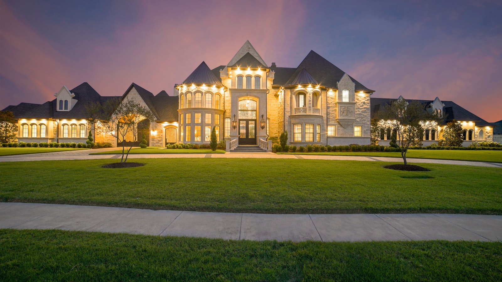 Grand mansion estate exterior at dusk in Germany